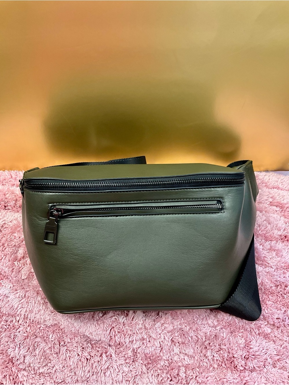 Zara Olive Green Leather Zip-Front Crossbody Bag